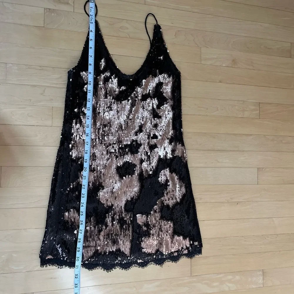 Free People Seeing Double Sequin Slip Dress in Black and Rose Gold S NWOT